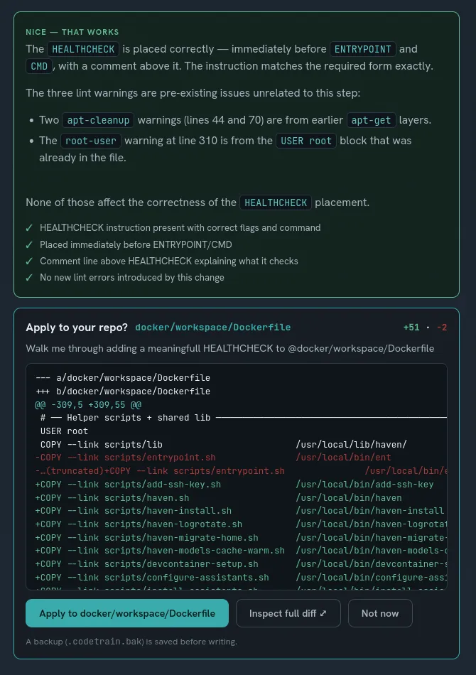 Per-criterion checkmarks and the apply-to-your-repo prompt showing a reviewable diff of the learner's change, with a backup noted before writing