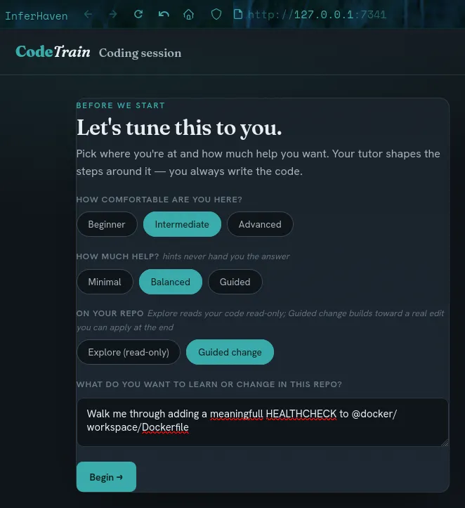 CodeTrain session tuner in the browser: comfort level, hint strength, Explore or Guided change on your repo, and a free-text goal
