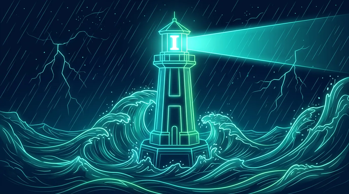 Neon lighthouse in lightning storm
